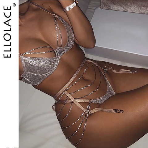 Ellolace-Conjunto de sujetador y bragas de realce para mujer, cadena brillante, conjunto íntimo de lencería con diamantes de imitación, Bralette, conjunto de Braga Sexy ► Foto 1/6