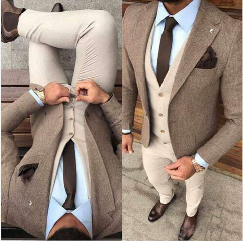 Trajes de negocios de tela de Tweed para hombre, trajes de novio, esmoquin para fiesta de graduación, abrigo, pantalones, tres trajes (chaqueta, chaleco + Pantalones), invierno ► Foto 1/5