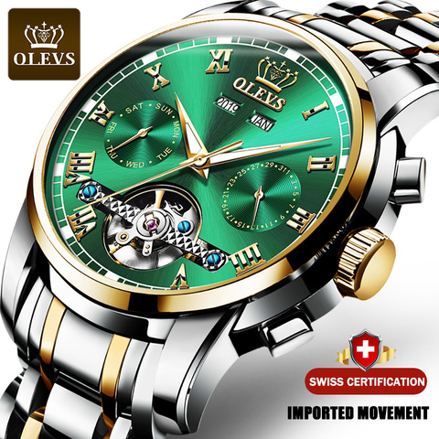 OLEVS-relojes mecánicos automáticos de acero inoxidable para Hombre, pulsera clásica, resistente al agua, con fecha, semana, verde, moda ► Foto 1/6