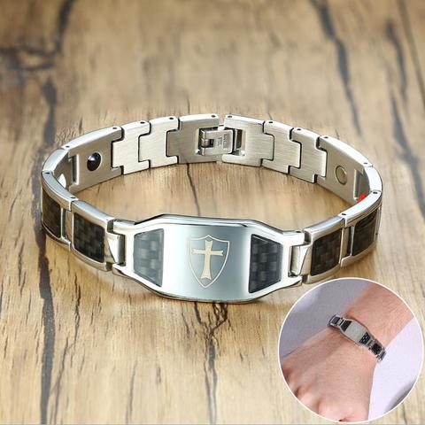 Pulsera magnética cruzada de acero inoxidable para hombre, brazalete de energía de fibra de carbono negra con cadena de mano de identificación, envío directo ► Foto 1/6