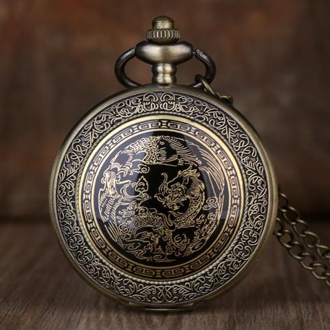 Reloj de bolsillo Retro de bronce para hombre y mujer, diseño de dragón, colgante de cuarzo, Fob, regalo ► Foto 1/5