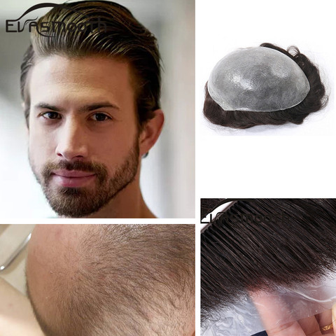 Cabello indio Real hombres peluquín de pelo humano Pu transparente pelucas para hombres de sistemas de pelucas y extensiones de cabello Protesis Capilar Hombre ► Foto 1/6