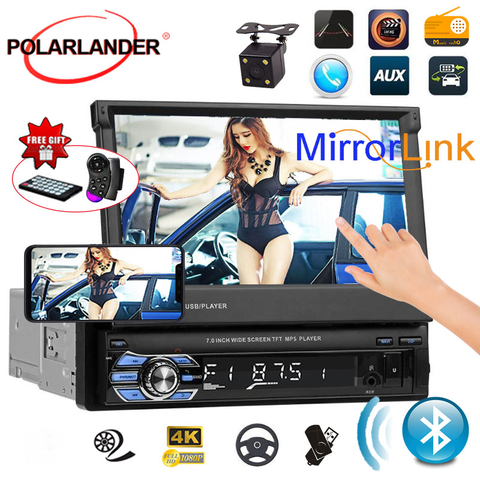 Retráctil 1 DIN 7 pulgadas Autoradio coche Radio Estéreo MP5 Bluetooth/USB/TF/Aux-en pantalla táctil HD Cassette cámara de visión trasera ► Foto 1/6