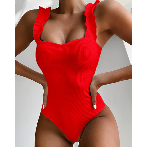 EVISPORTS 2022 nuevo bañador femenino Sexy de una pieza Vintage volantes arriba rojo sólido traje de baño mujeres traje acolchado trajes de baño ► Foto 1/6