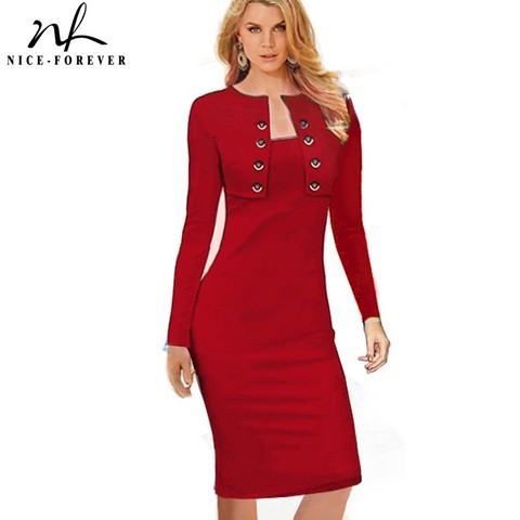 Nice-forever invierno manga larga botones Oficina vestido de negocios elegante talla grande mujeres Vintage Pinup Bodycon lápiz vestido b10 ► Foto 1/5