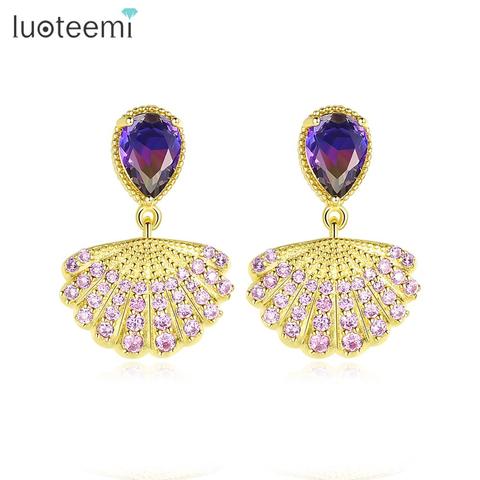 LUOTEEMI-pendientes colgantes de circonia cúbica para mujer, diseño delicado, Color morado/verde, fiesta de boda, Color dorado, joyería ► Foto 1/6