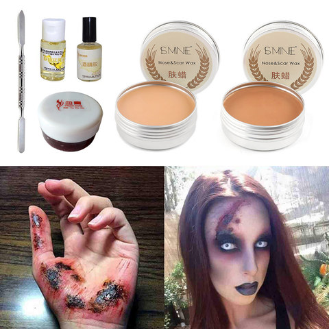 Herida falsa de cicatriz maquillaje cera + espátula + 15g sangre coagulada + 15ml espíritu adhesivo de goma + 10ml para aceite de actuación de Halloween ► Foto 1/6