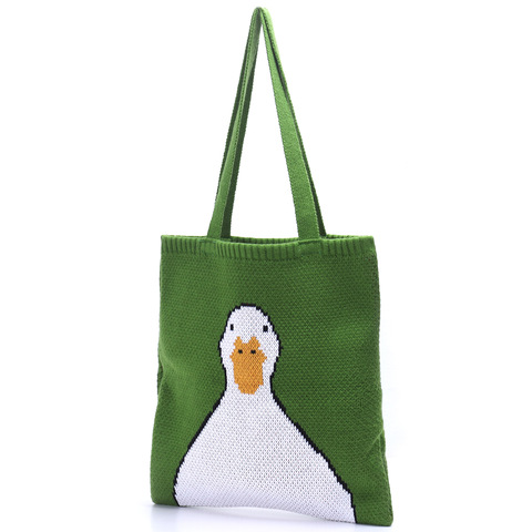 Bolso de mano con asa superior para mujer, tejido con estampado de pato de dibujos animados, estilo Vintage de invierno, tejido de Retro Rural, Verde ► Foto 1/6