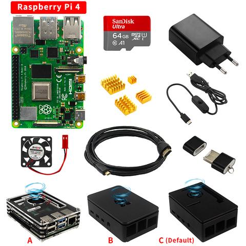 Raspberry Pi 4 Modelo B 2 GB/4 GB Kit de Inicio caja + adaptador de corriente + Cable HDMI + disipadores de calor + tarjeta SD de 16/32/64GB para Raspberry Pi 4 ► Foto 1/6