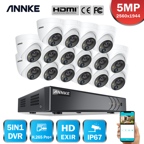 ANNKE-Sistema de video de seguridad para el hogar, domo de grabación 5 en 1 de 16 canales en HD, resolución de 5MP, H.265 y DVR con zoom de 16X, impermeable con funcionalidad PIR y vigilancia CCTV ► Foto 1/6