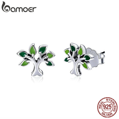 BAMOER-pendientes de tuerca de árbol de plata de ley 100% para mujer, aretes de hojas de árbol de Plata de Ley 925, joyería SCE409 ► Foto 1/6