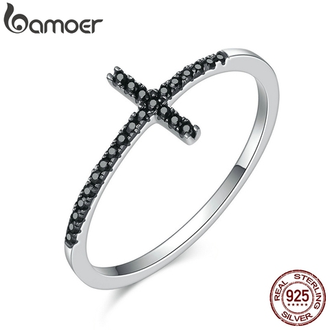 BAMOER anillos de dedo populares de Plata de Ley 925 con forma de cruz de fe para mujer, regalo de joyería de plata de ley CZ transparente negra SCR067 ► Foto 1/5