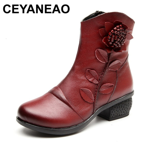 CEYANEAO-zapatos de moda para mujer, botines de cuero genuino con flores, informales, suaves, de plataforma, Vintage, para invierno ► Foto 1/6