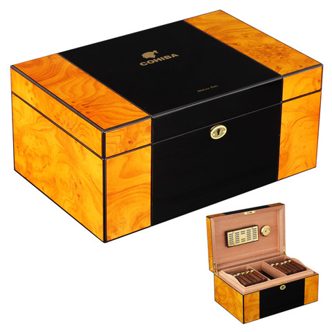 COHIBA-humidificador de gran capacidad, caja de madera de cedro, funda para puros con acabado de Piano brillante, higrómetro con bloqueo ► Foto 1/6