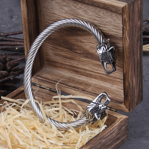 Pulsera de dragón vikingo nórdico de acero inoxidable para hombre, brazalete ajustable con caja de madera vikinga ► Foto 1/6