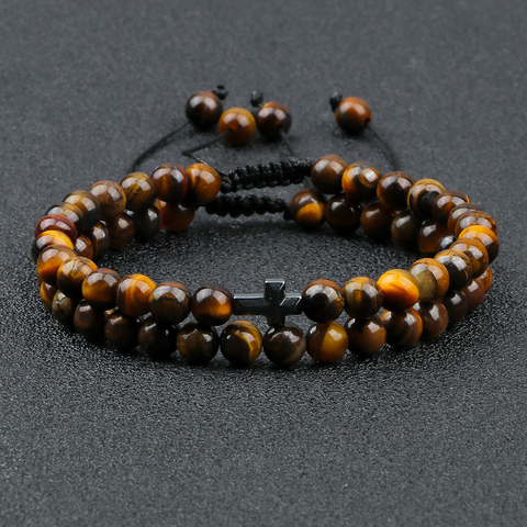 Pulsera de cuentas de distancia para parejas, pulsera de piedras de ojo de tigre, Cruz de hematita, joyería hecha a mano para Yoga y oración, para hombre ► Foto 1/6