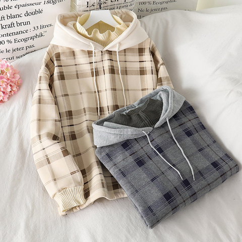 Sudaderas con capucha de lana para mujer, de algodón con estampado a cuadros Sudadera con capucha, Jersey holgado informal con capucha, chaqueta de gran tamaño 2022 ► Foto 1/6