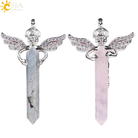 CSJA hombres y mujeres amor regalo cristal Natural gema piedra larga espada Hexagonal prisma Cupido alas de Ángel colgantes para collares e818 ► Foto 1/6