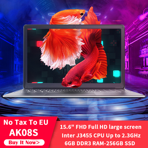 AUKTION AK08S portátil de 15,6 pulgadas Intel J3455 Quad Core 6GB RAM 256GB SSD Windows 10 Ultra-delgada de ordenador portátil de oficina estudio ► Foto 1/6