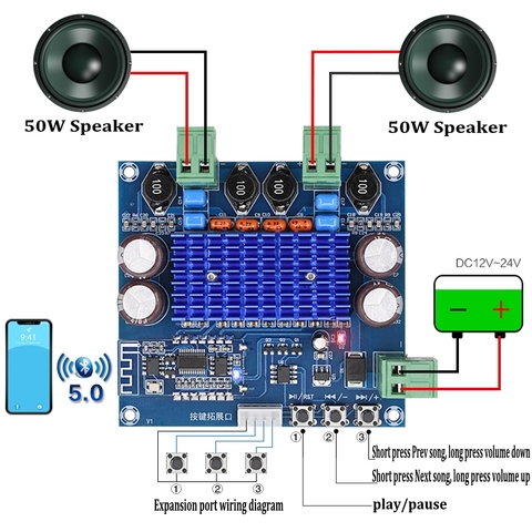 Placa amplificadora Digital Bluetooth 5,0 TPA3116D2, amplificador de potencia, 2x50W, Audio estéreo, 12V, 24V, módulo amplificador XH-A308 ► Foto 1/6