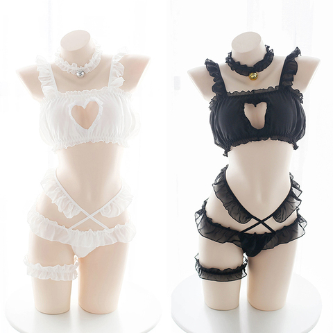 Sexy corazón hueco mujeres conjunto de lencería Lolita sujetador íntimos Anime Cosplay traje ropa interior transparente sujetador y Panty conjunto ► Foto 1/6