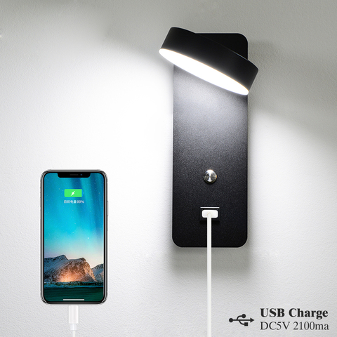 Lámparas led de pared para interior con luz de pared de carga interruptor USB, iluminación de 3 colores de 9W para el hogar, candelabro de escalera de mesita de noche, luminaria ► Foto 1/6