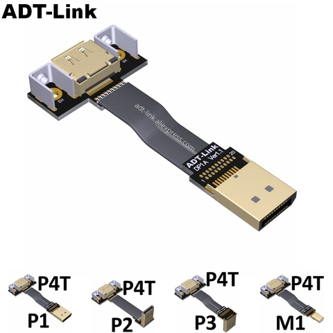 DisplayPort-Cable de extensión macho-hembra, conector de ángulo de 90 grados con soporte de montaje, blindaje EMI plano, conector FPC ► Foto 1/6