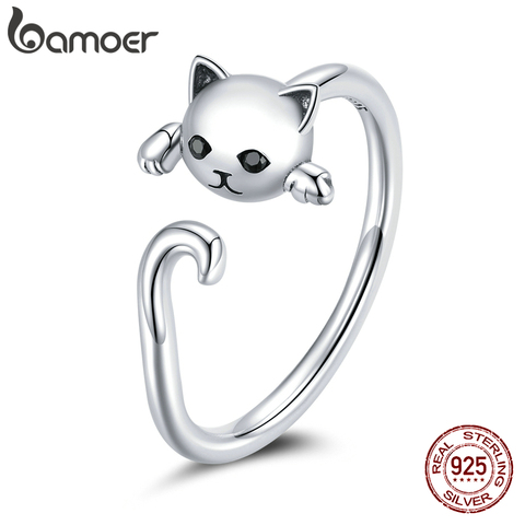 Bamoer-Anillo de plata de primera ley con forma de gato para mujer, sortija ajustable, plata esterlina 925, abierto, talla libre, SCR707 ► Foto 1/6