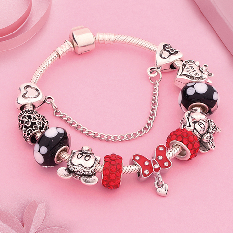 Leabyl nuevo diseño de cristal rojo Minnie Bowknot Charm pulseras y brazaletes plata dibujos animados cuenta con forma de animal pulsera DIY joyería para niño ► Foto 1/5