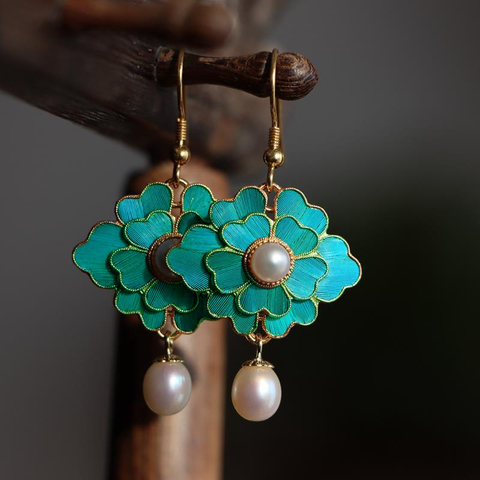 Cloisonne-pendientes de porcelana esmaltada con perlas para mujer, aretes dorados, flor retro chino estilo palaciego, encanto único exquisito, joyería de marca ► Foto 1/6