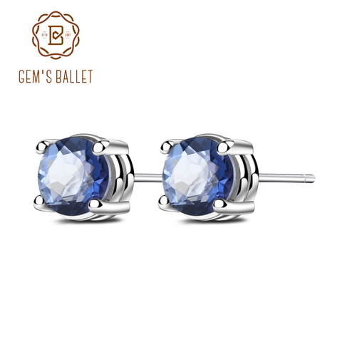 GEM'S BALLET Plata de Ley 925 auténtica para mujer, 5mm, iolita Natural, Gema de cuarzo mística azul, pendientes de tuerca para mujer, regalo, joyería fina ► Foto 1/6