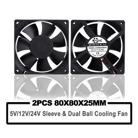 SXDOOL-ventilador de refrigeración de 5V, 12V, 24V, 80mm y 8cm, 80x80x25mm, 8025 manguito/bola, ventilador con cubierta para ordenador, enrutador DIY, GPU, ventilador de refrigeración para CPU, 2 uds. ► Foto 1/5