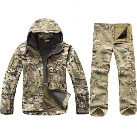 Chaquetas de senderismo al aire libre, rompevientos de concha suave, impermeable, Camuflaje, vuelo, militar, táctico, con capucha, chaqueta de lluvia de lana + Pantalones ► Foto 1/6