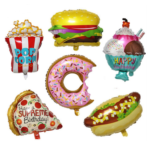 Globo de aluminio de dibujos animados para decoración de fiestas de cumpleaños para niños, hamburguesa, helado, perro caliente, Pizza, palomitas de maíz, Donut ► Foto 1/6