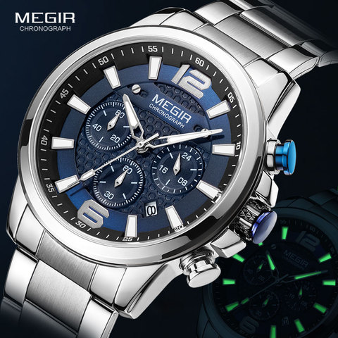 Reloj MEGIR 2022 relojes de lujo de los hombres de la marca superior de acero inoxidable luminoso impermeable reloj de pulsera azul deportes cronógrafo reloj de cuarzo hombre ► Foto 1/6