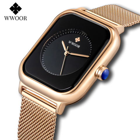 WWOOR-Reloj de pulsera de cuarzo para mujer, nuevo diseño, mejores marcas, de lujo, oro rosa, rectangular, esfera negra, exquisito, 2022 ► Foto 1/6