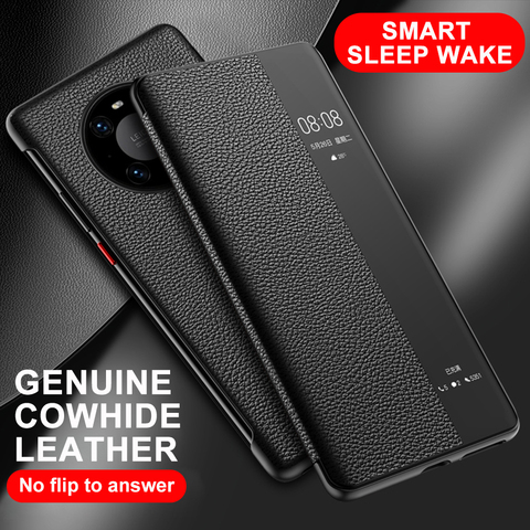 Funda abatible de piel auténtica para Huawei Mate 40 Pro + Mate40 Plus, carcasa Original con espejo, vista táctil, despertador, sueño ► Foto 1/6