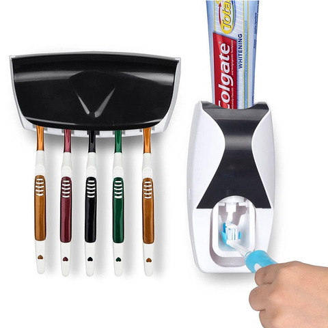 Dispensador automático de pasta de dientes + 5 uds cepillo de dientes titular conjunto Set de accesorios de baño de montaje en pared Rack pasta de dientes exprimidores ► Foto 1/6