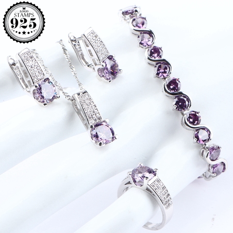 Purple Zirconia conjuntos de joyas nupciales plata 925 mujeres disfraz joyería y Collar para boda anillo colgante, pendientes, pulsera regalo de Caja ► Foto 1/6