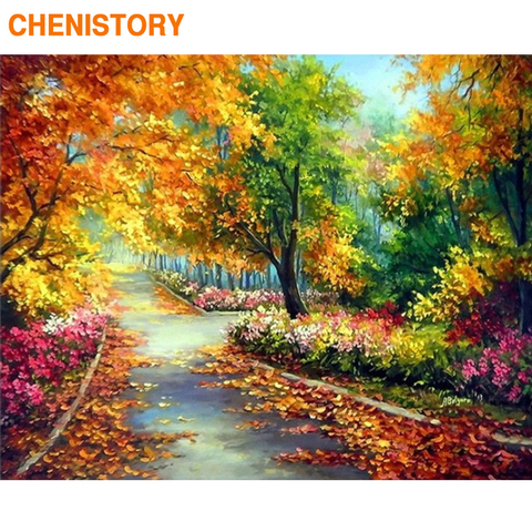 CHENISTORY-Cuadro de bosque artesanal, pintura por números de paisaje de otoño, lienzo, imagen artística de pared para decoración del hogar ► Foto 1/6