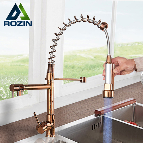 Rozin-grifo de cocina con luz LED, mezclador de agua fría y caliente, color oro rosa, resorte extraíble, doble caño giratorio, grúa ► Foto 1/6