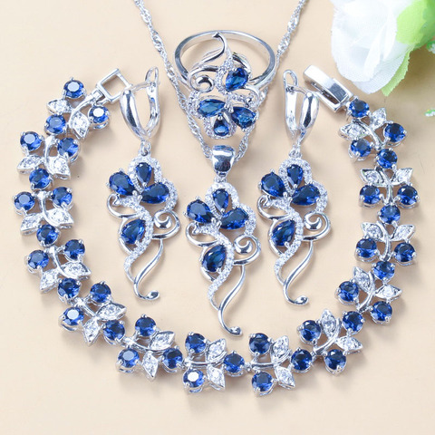 Pendientes de circonia cúbica azul para mujer, joyería nupcial, colgante, collar, pulsera, anillo, conjuntos de joyería para mujer ► Foto 1/6