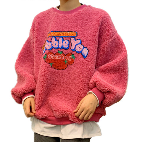 Las mujeres falso 2 piezas cálido sudadera de otoño invierno de manga larga de lana con capucha dibujo de fresa Fuzzy Sudadera con capucha Kawaii superior S-2XL ► Foto 1/6