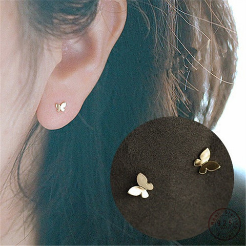 Pendientes de plata de ley 925 de oro de 14k para mujer, aretes de mariposa brillantes simples, accesorios de joyería coreanos para estudiantes ► Foto 1/6