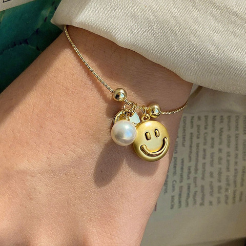 Pulseras de amor con cara sonriente para mujer, brazaletes coreanos de oro elegantes y simples, cadena ajustable ► Foto 1/6