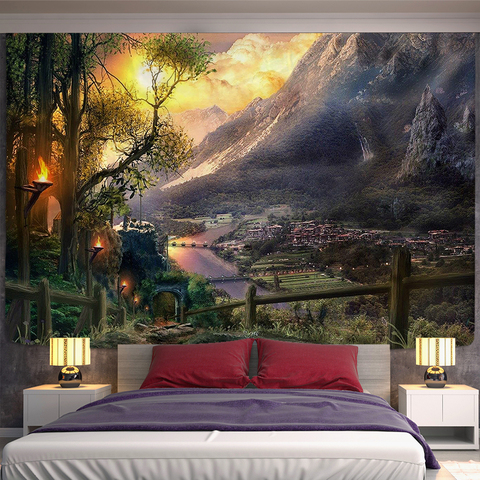 Village Under The Mountain Tapestry Wall Hanging hogar, dormitorio telón de fondo decoración arte tapiz Urban Wall Cloth ► Foto 1/6