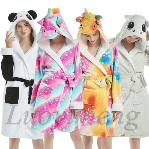 Los adultos Animal de franela traje de baño ropa de dormir de las mujeres Albornoz de hombre camisón gruesa bata cálida invierno Unisex Panda Peluche de unicornio pijama ► Foto 1/6