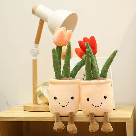 Plantas de peluche de tulipán realistas para niñas, juguetes de decoración suave, almohada de flores en maceta, cojín bonito de peluche Kawaii ► Foto 1/6