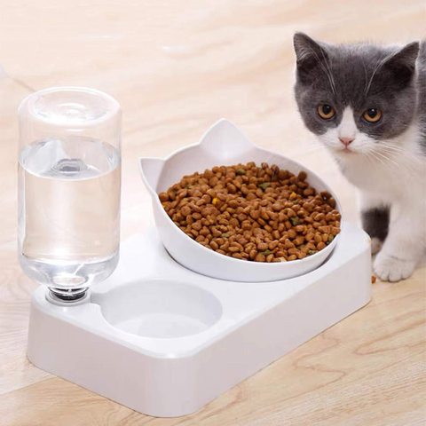 Cuenco para gatos y perros, alimentador automático de comida con dispensador de agua, tazón doble, soporte elevado para beber, platos hondos con suministros para mascotas ► Foto 1/6