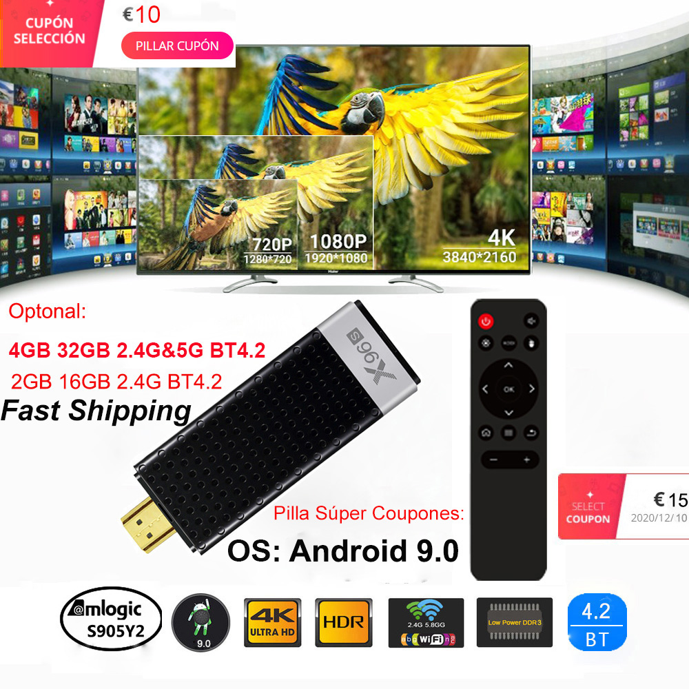 Tv Stick X96 X96S 4K, Android 9,0, Amlogic S905Y2, Quad Core, LPDDR4 4G, 32G, Mini PC, 2,4G, 5G, Wifi, BT4.2, 1080P, HD, Miracast TV dongle ► Foto 1/6